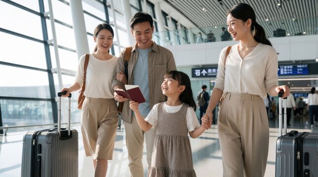 Happy Asian family walking with suitcases in modern airport terminal building. Smiling parents, young daughter hold passports ready for flight departure. People enjoy summer vacation journey abroad.