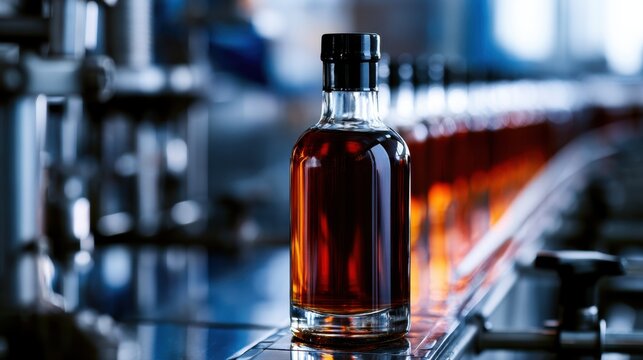 Dark amber liquid-filled glass bottles with black caps lined up on a conveyor belt in a dimly lit bottling factory environment