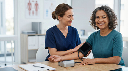 Obraz premium Nurse checks patient blood pressure in a medical office setting