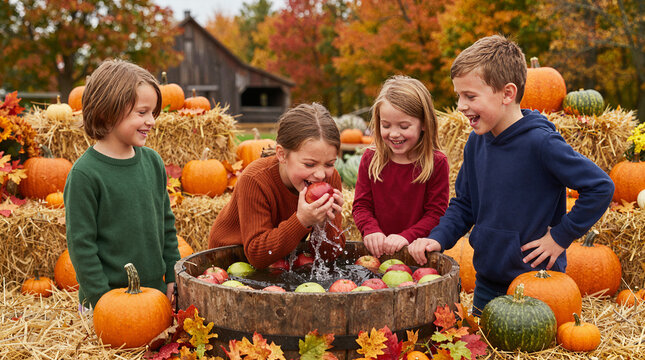 Children playing bobbing for apples in a wooden barrel surrounded by pumpkins and hay bales