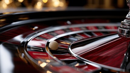 Obraz premium Elegant roulette wheel with ball spinning around red and black numbered pockets in a glamorous casino setting under warm ambient lighting