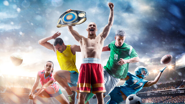 A multi-sport collage depicting various sports and hobbies. Athletes in a beautiful, large stadium full of fans. A collage of several sports. Collage