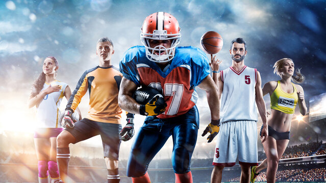 A multi-sport collage depicting various sports and hobbies. Athletes in a beautiful, large stadium full of fans. A collage of several sports. Collage