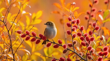 Obraz premium Small brown songbird perches on branch with red berries in sunny autumn forest. Little avian wildlife sits on twig among bright yellow orange leaves during fall season. Cute forest animal enjoys warm