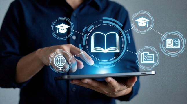 Person uses tablet device with virtual education icons. User taps screen to access digital library learning resources plus university online course study materials. Interactive network graphics