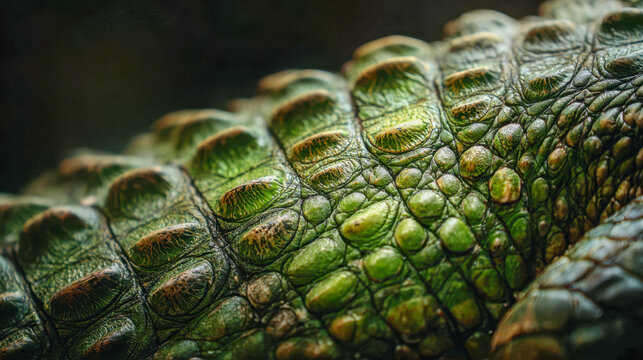 Detailed textured scales on the skin of a crocodilian reptile showcasing natural green and brown tones under soft lighting in close up view