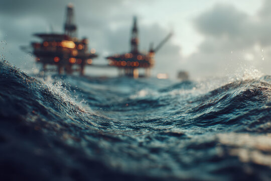 Offshore oil platforms blurred in the distance with dramatic ocean waves crashing in the foreground under a cloudy sky at dusk