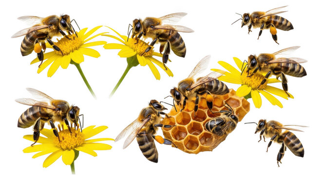 Honey bees on yellow flowers isolated on transparent background
