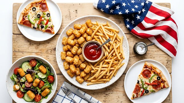 American style feast featuring pepperoni pizza slices crispy french fries potato tots tossed salad and dipping sauce on wooden table