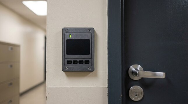 Key card badge reader mounted beside an inventory classification office door