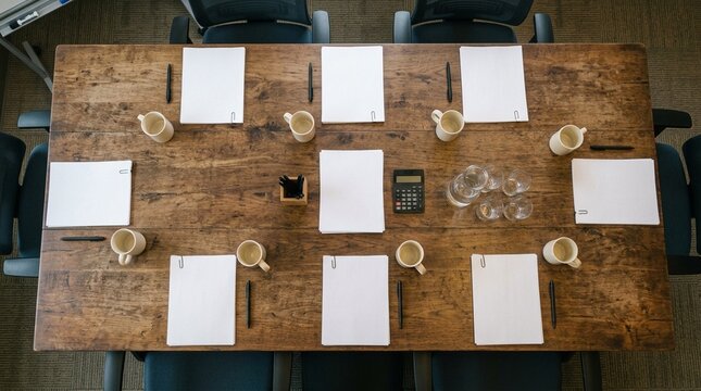 Liquidation review huddle room table set with printed clearance sheets
