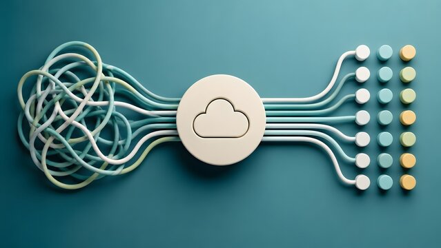 Minimalist 3D design of messy cables sorting through a cloud symbol into organized color coded data points