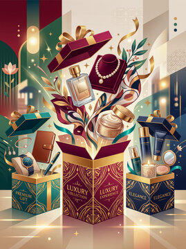 Elegant vector illustration of open luxury gift boxes revealing premium cosmetics perfume watch jewelry and accessories for holiday shopping promo