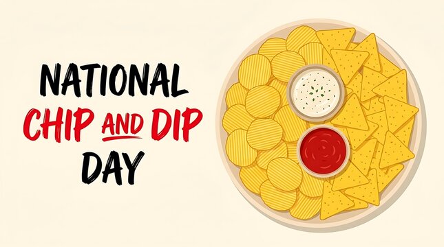 National chip and dip day celebration platter featuring crispy potato slices and yellow corn tortilla triangles with artistic illustration round