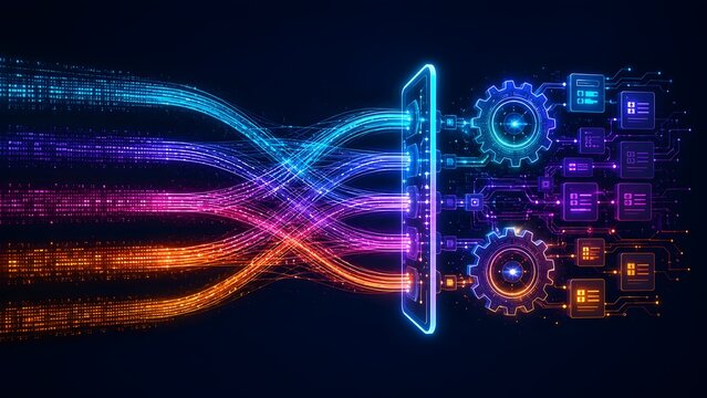 Artificial intelligence algorithm processing colorful data streams into complex circuit board networks and server icons