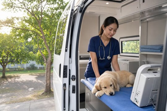 Mobile Veterinary Clinic Adult Veterinarian Build Quietly Observing