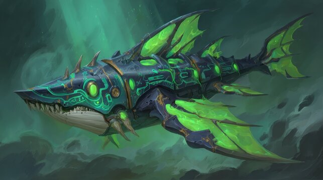 Intricately Patterned Mechanical Leviathan Creature with Glowing Green Circuits in Deep Blue Underwater Setting