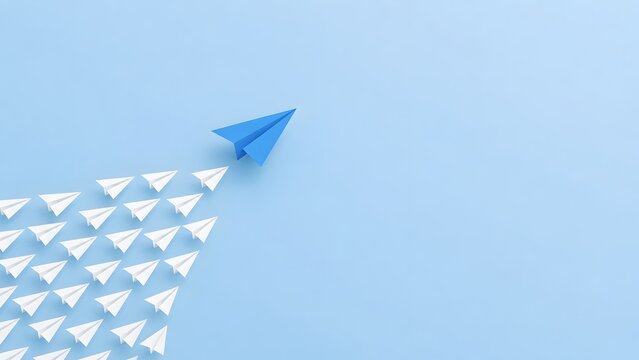 Blue paper airplane leading a formation of white planes on blue background for minimalist leadership and business growth concept