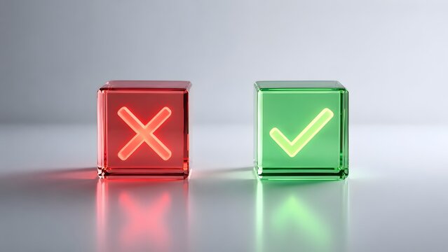 Transparent glass cubes with glowing red cross and green check mark symbols illustrating decision making true or false and validation concepts