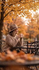 A woman in a cozy sweater and hat enjoys a warm drink at an outdoor cafe, surrounded by the vibrant autumn foliage and falling leaves, exuding a sense of serene contemplation.