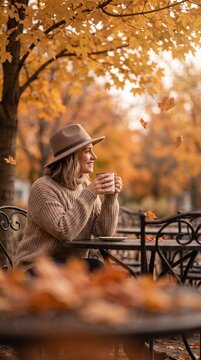 A woman in a cozy sweater and hat enjoys a warm drink at an outdoor cafe, surrounded by the vibrant autumn foliage and falling leaves, exuding a sense of serene contemplation.
