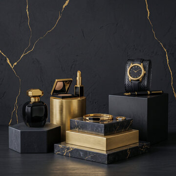Elegant luxury cosmetic and jewelry collection with black perfume bottle, wrist watch, lipstick, compact powder, and gold bracelet on geometric podiums against dark marble background