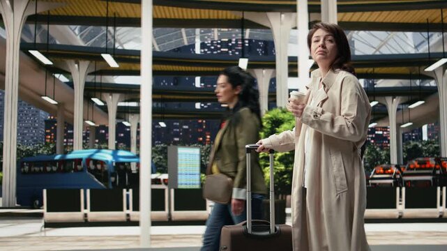 Woman carries takeaway coffee and pulls luggage through a bus terminal; the traveler takes a refreshment break before continuing her intercity journey.