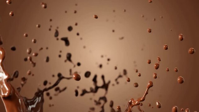 Dynamic Coffee Liquid Splash Explosion Against Rich Brown Gradient Background, High Speed Macro Motion Graphics Full HD