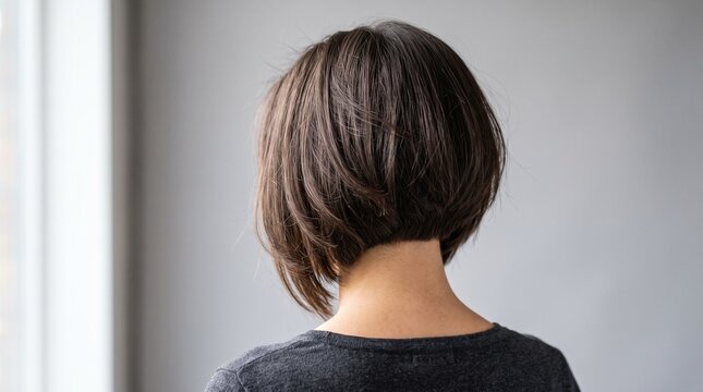 A young woman stands facing away showing her trendy bob haircut style featuring dark brown locks with layers that create a fashionable professional look suitable for hair salons or beauty
