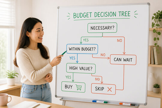 A young woman is pointing at a budget decision tree chart displayed on a whiteboard in an office or home setting.