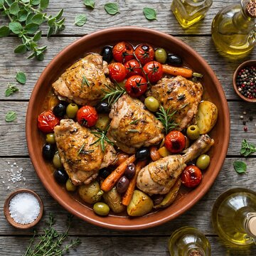 Roasted chicken thighs with colorful vegetables and olives in a rustic ceramic pan on a dark wooden table top view. roman chicken dish