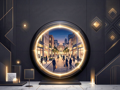 Elegant Art Deco display stage with a glowing circular portal showcasing a luxury shopping street filled with shoppers at dusk