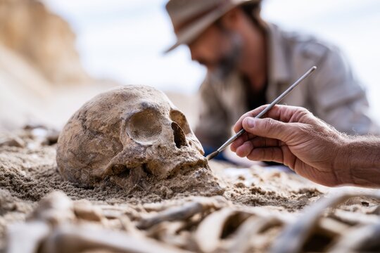 Archaeologist carefully excavating a human skull fossil with a brush during an outdoor dig amid sandy terrain and blurred background detail