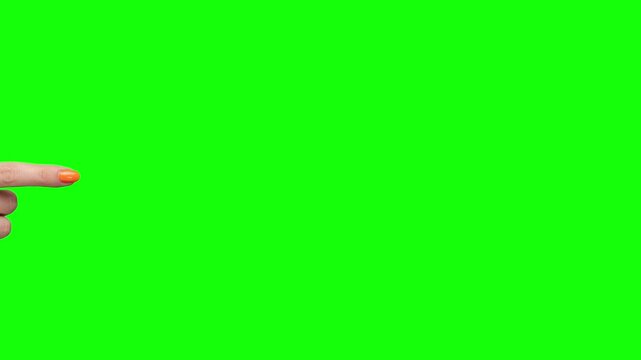 Female hand enters from left and points to the right side on a green screen, versatile UHD chroma key footage for product highlights, buttons, captions, tutorials, and advertising, 4k 60fps