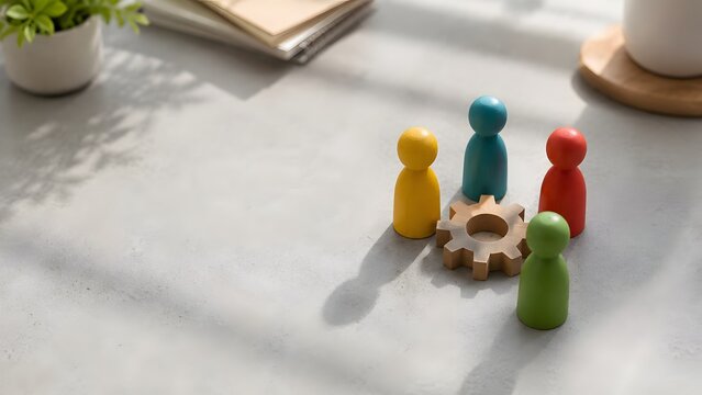 Colorful wooden peg figures standing around a central gear on a concrete desk representing teamwork synergy and collaborative business strategy