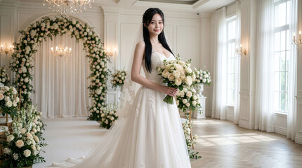 Obraz premium 光差し込むチャペルでブーケを持ち優雅に微笑むウェディングドレス姿の花嫁