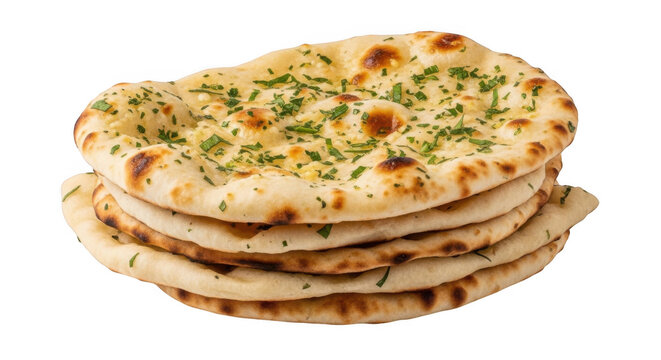 Stack of fresh garlic naan bread isolated on transparent background