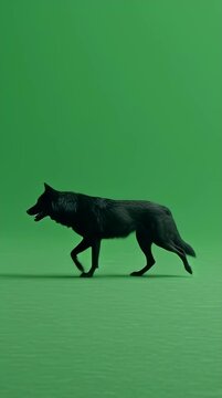 Black wolf walking forward on green screen background - motion graphics footage for wildlife documentaries nature videos and creative visual effects projects