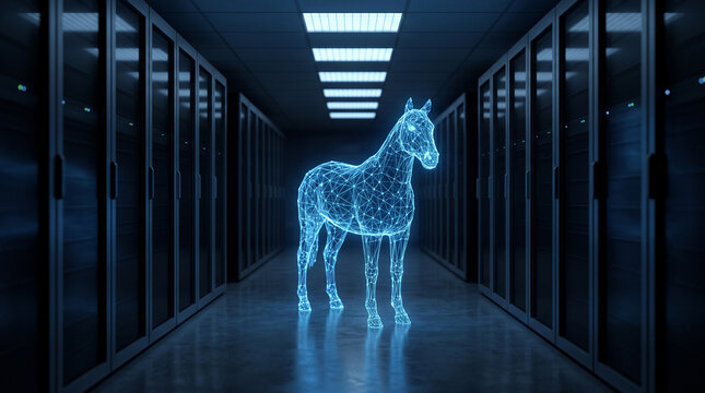Digital horse in server room. Cybernetic animal hologram inside a data center facility.
