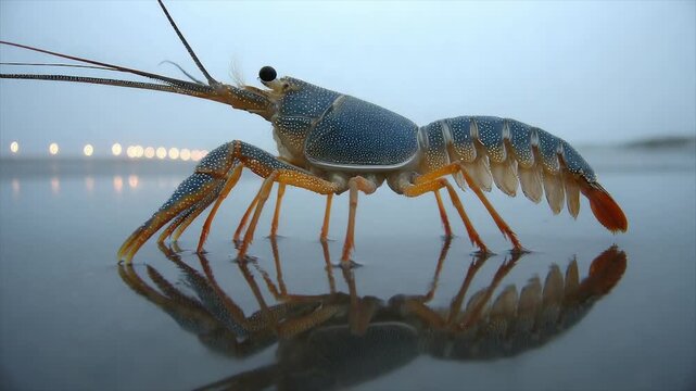 A detailed image of a crawfish with orange accents on the beach in the water, with reflection