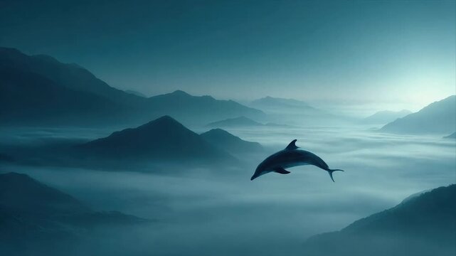 A silhouetted dolphin leaps over fog-filled valleys with mountainous backdrop, ethereal scene