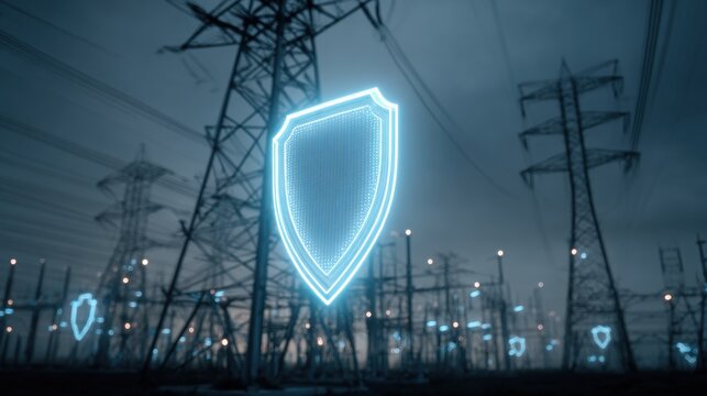 Glowing digital shield protecting power grid infrastructure at dusk, cybersecurity concept