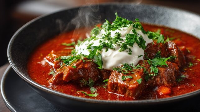 Steaming Hungarian beef goulash with sour cream and fresh herbs in dark bowl