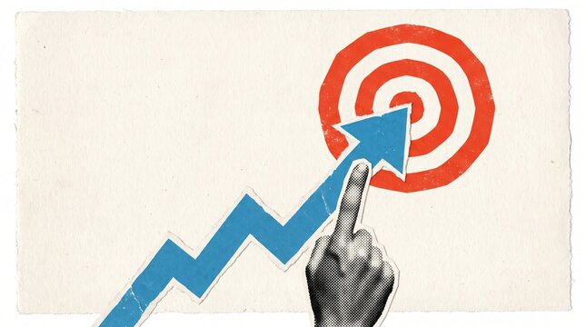 Hand pointing at rising arrow hitting a red target