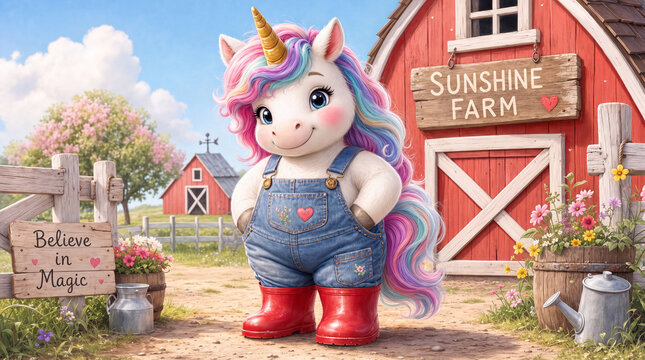 Cute unicorn with rainbow mane in denim overalls and red boots smiles by red Sunshine Farm barn on dirt path