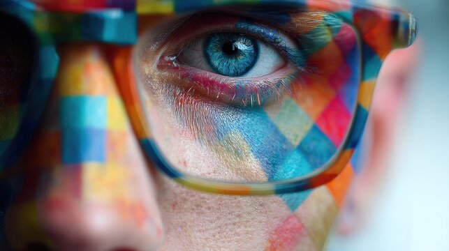 Artistic close-up of a person's eye behind colorful checkered glasses reflecting vibrant geometric patterns on their skin and eyewear creating a creative visual effe