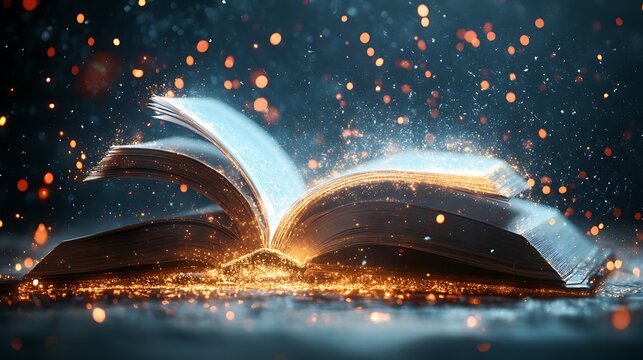 Open magic book with glowing light and sparkling particles against a dark bokeh background