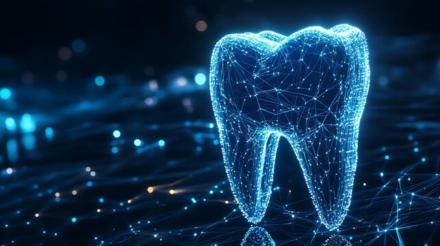 Digital human tooth with glowing blue network connections, representing modern dentistry and technology