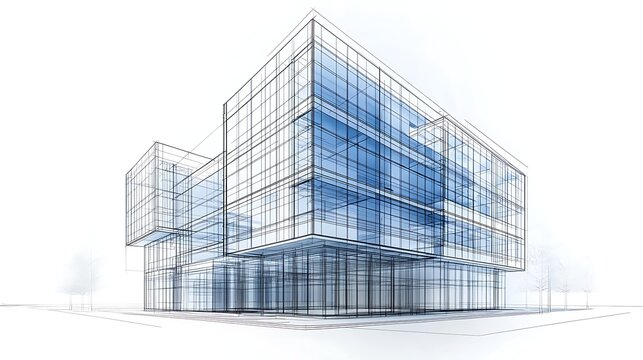 Architectural wireframe sketch of a modern office building