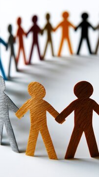 Diverse paper cutout figures holding hands symbolizing unity and togetherness across different backgrounds and cultures on a bright surface with shadows